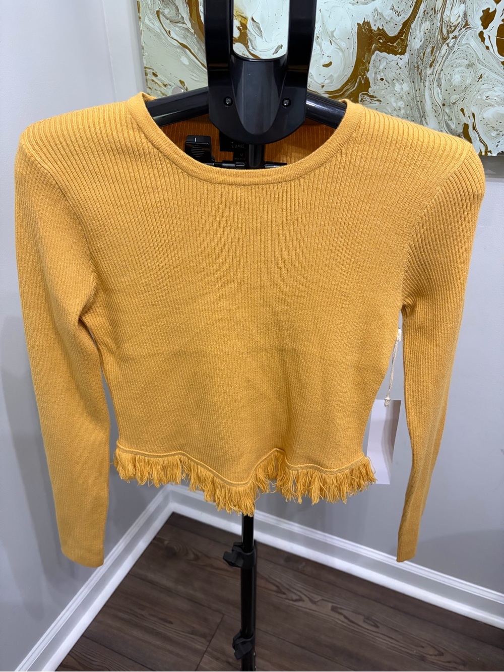 NWT Lumière Mustard Yellow Ribbed Knit Fringed Crop Sweater Size M